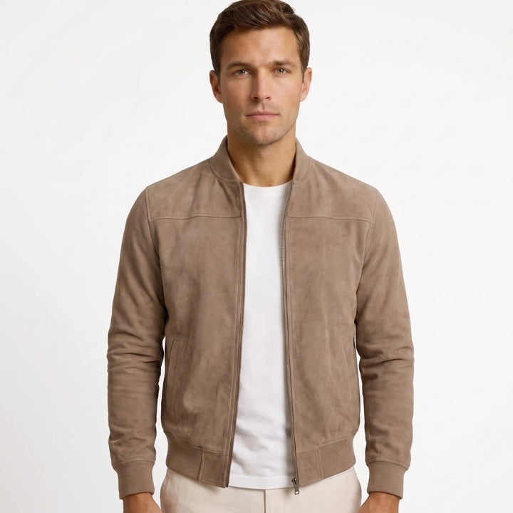 Men's fitted suede-look bomber jacket in brown, front view