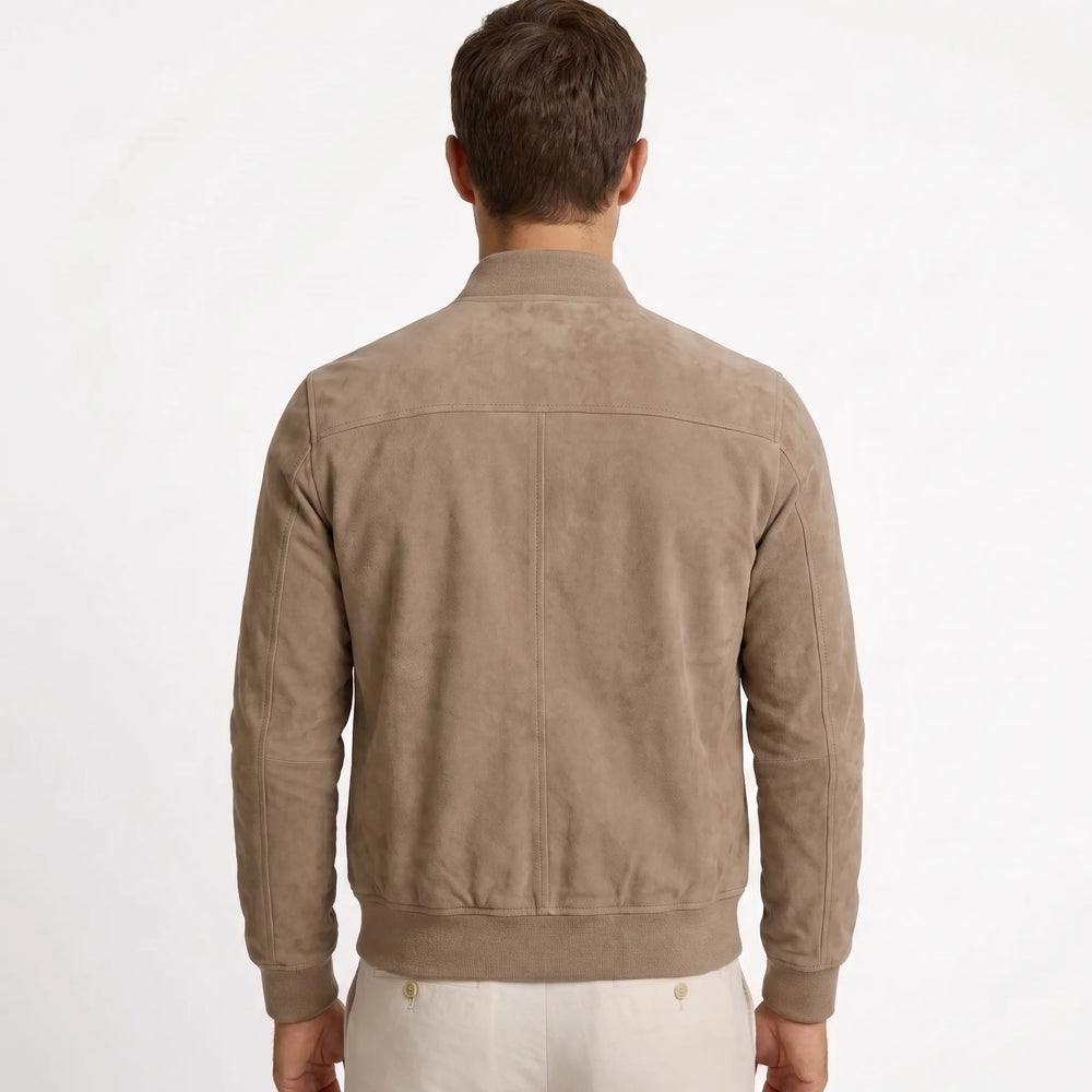 Men's suede-look bomber jacket in brown, back view with panel seaming