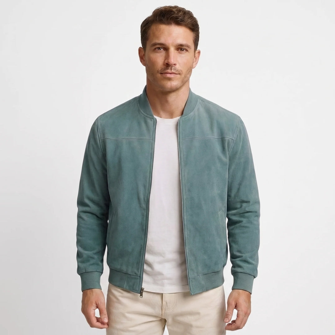 Men's fitted suede-look bomber jacket in blue, front view