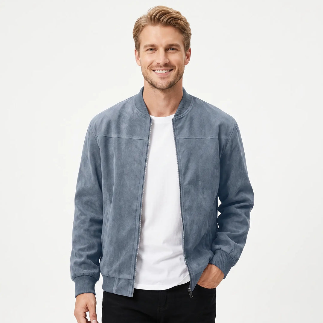 Men's fitted suede-look bomber jacket in navy blue, front view