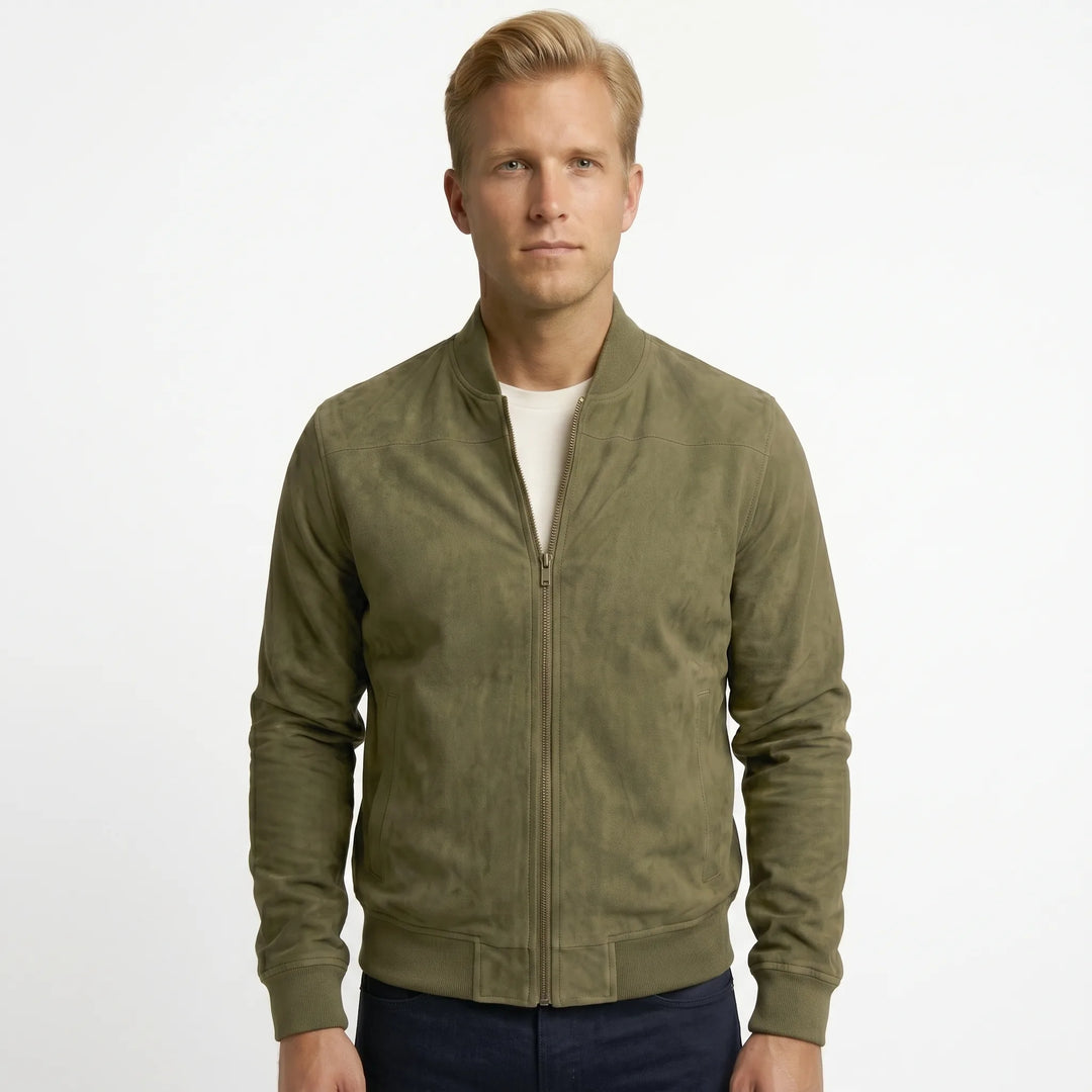 Men's fitted suede-look bomber jacket in green, front view
