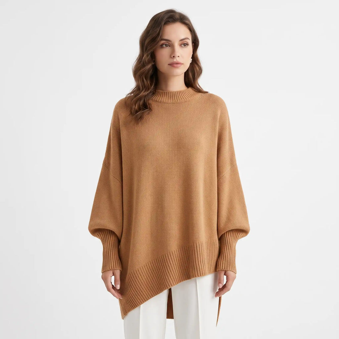 Oversized pullover knit sweater with crew neckline and dropped shoulders, front view
