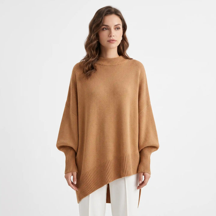 Oversized pullover knit sweater with crew neckline and dropped shoulders, front view