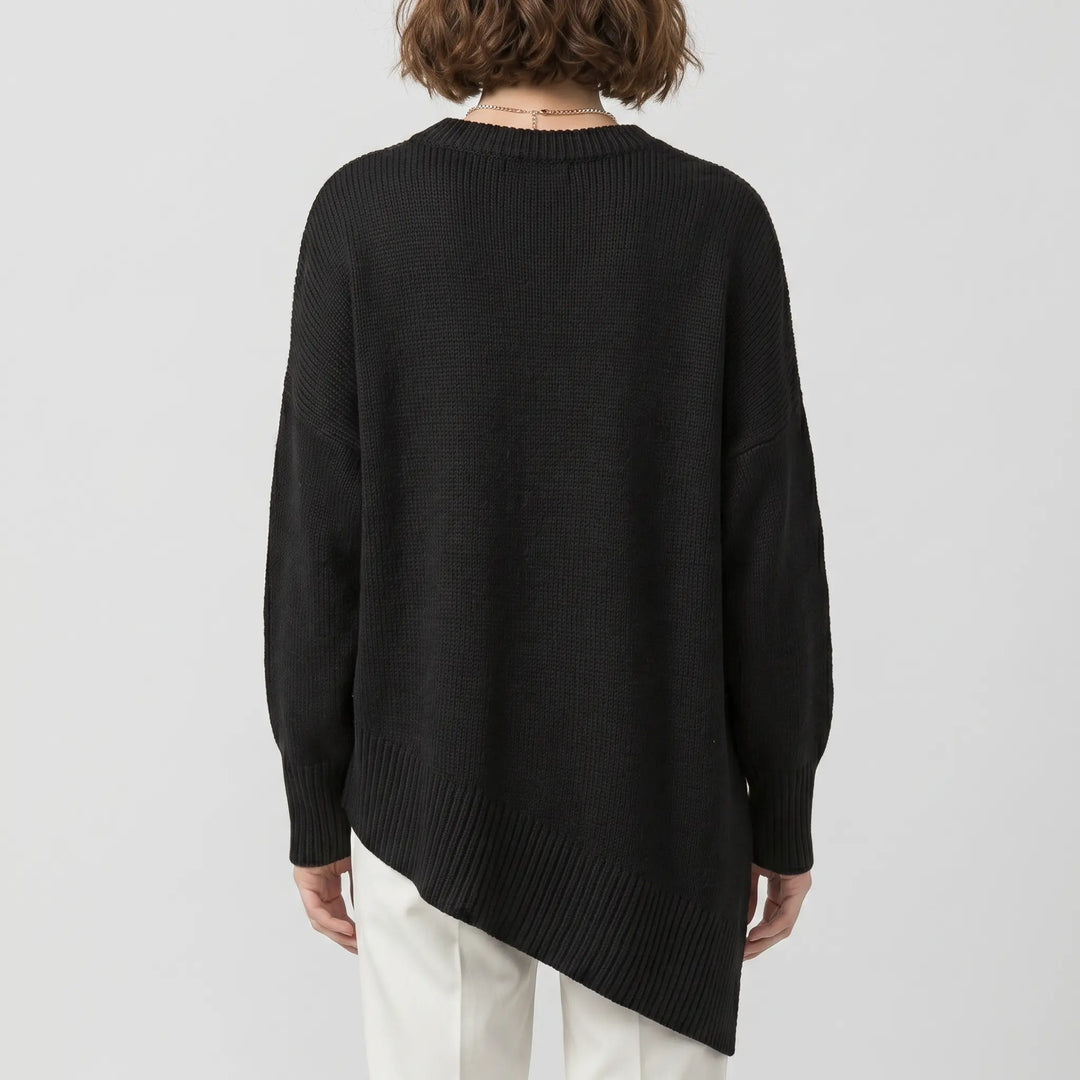 Oversized pullover sweater with ribbed hem and side slit, back view