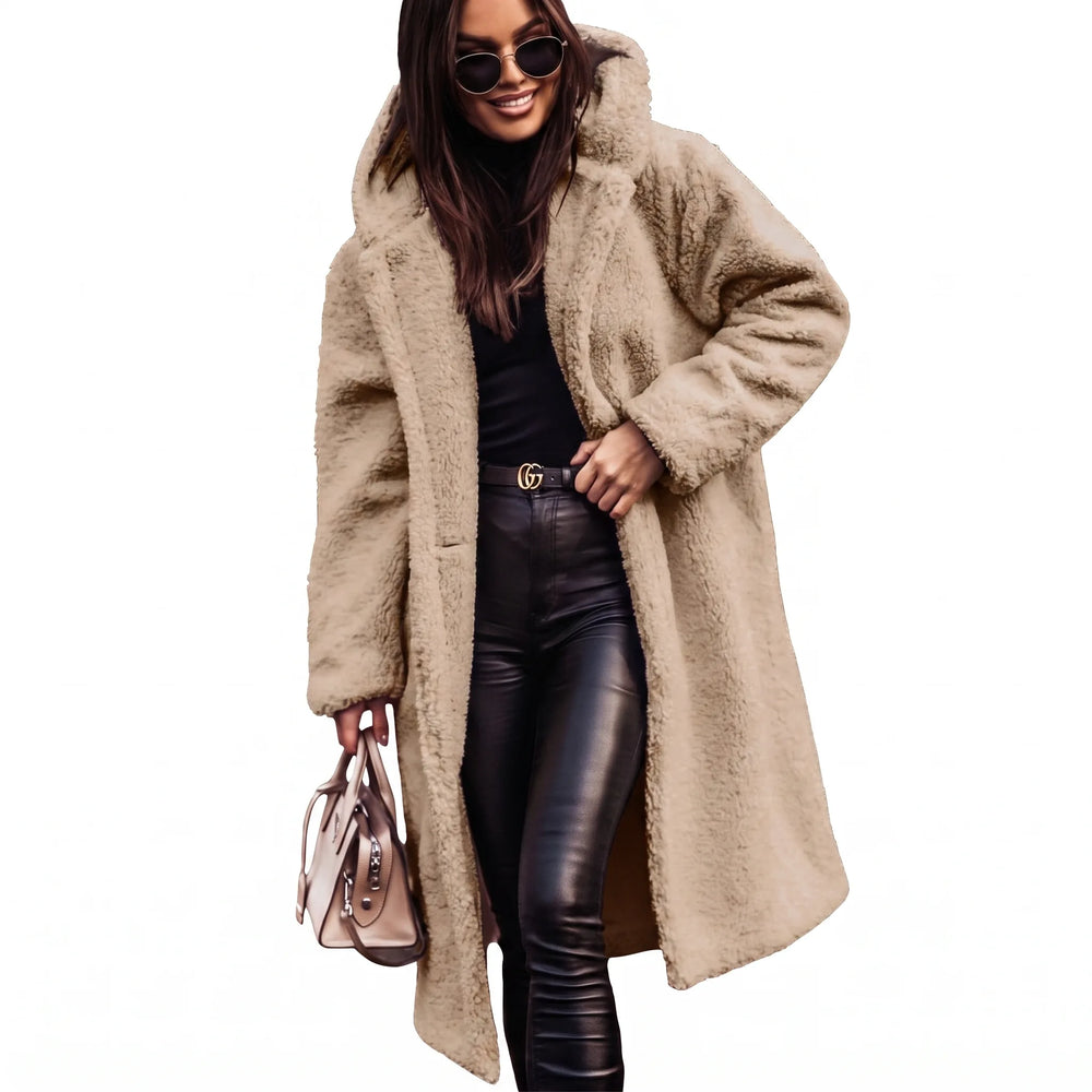 Women's long teddy coat with hood, oversized fit, front view