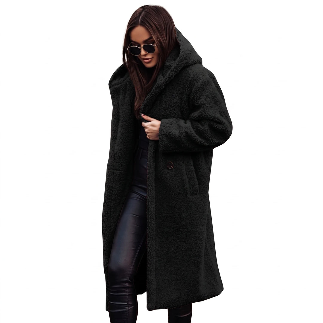 Women's long maxi teddy coat with hood, side view