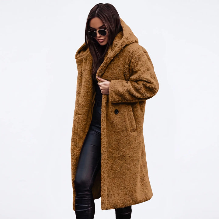Women's long teddy coat with hood, oversized fit, front view