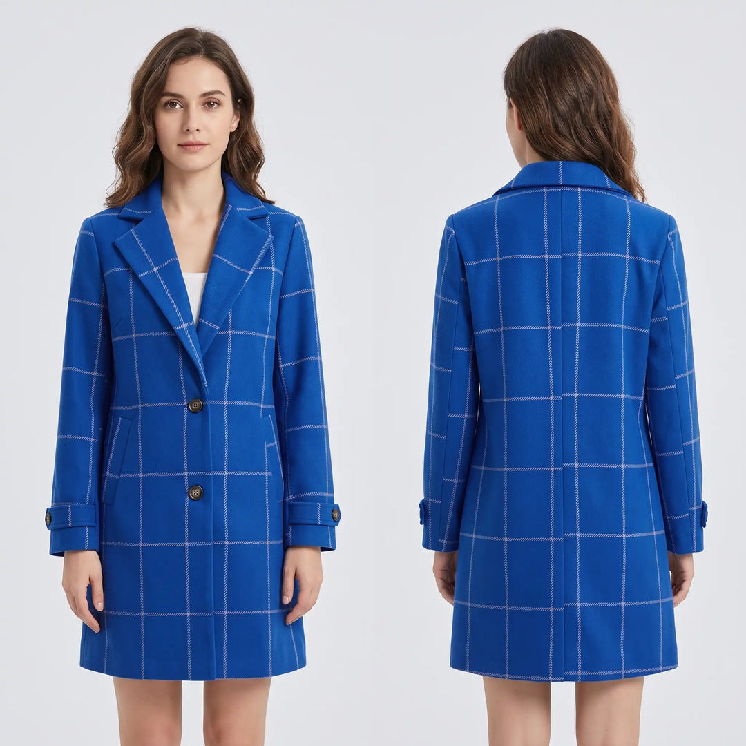 Women's dark green plaid tweed coat, side view