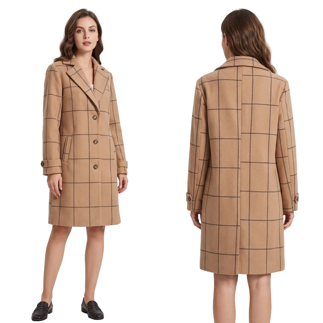 Women's knee-length dark green plaid coat, button closure detail