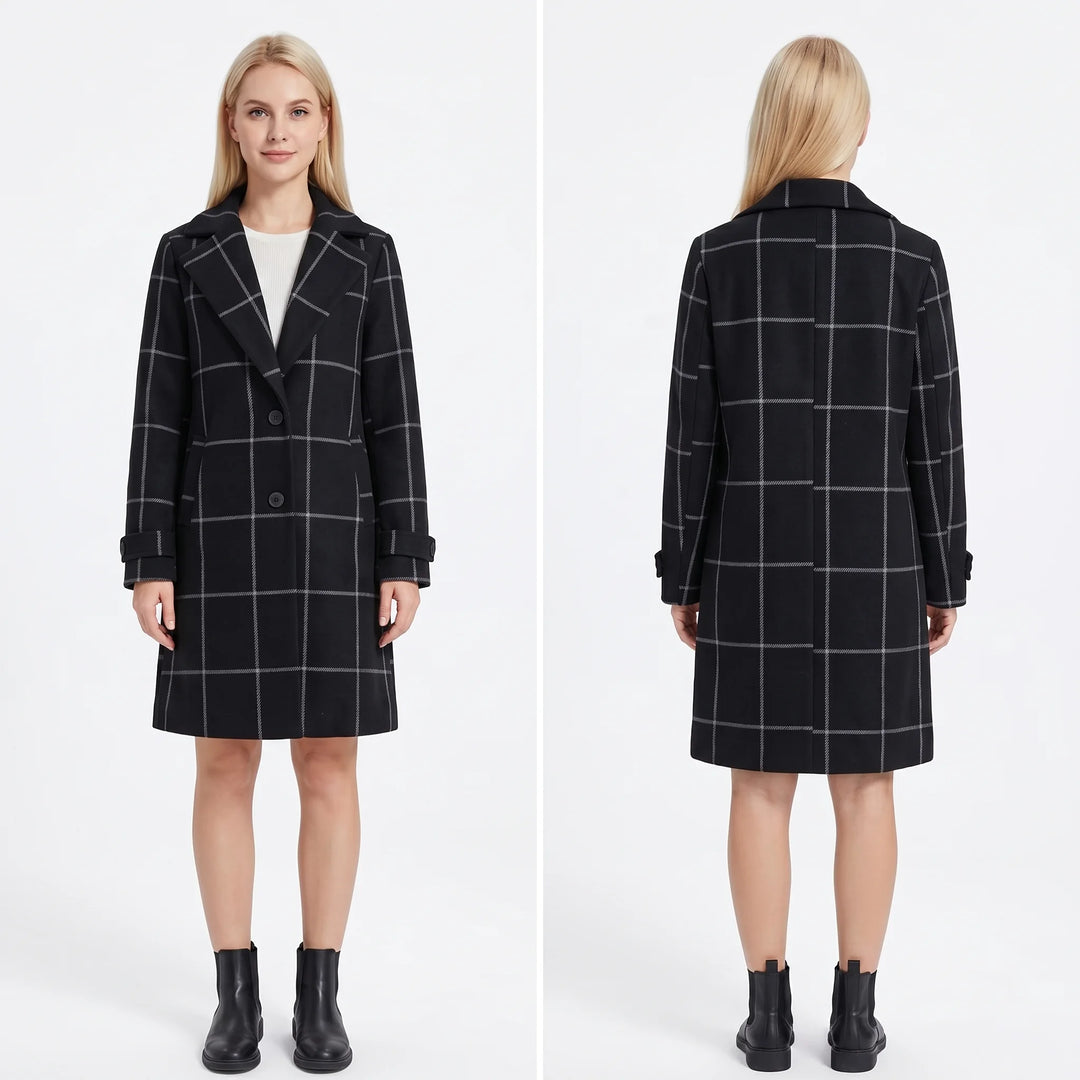 Women's tweed plaid coat with lapel and cuffed sleeve detail