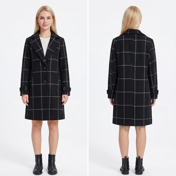 Women's tweed plaid coat with lapel and cuffed sleeve detail