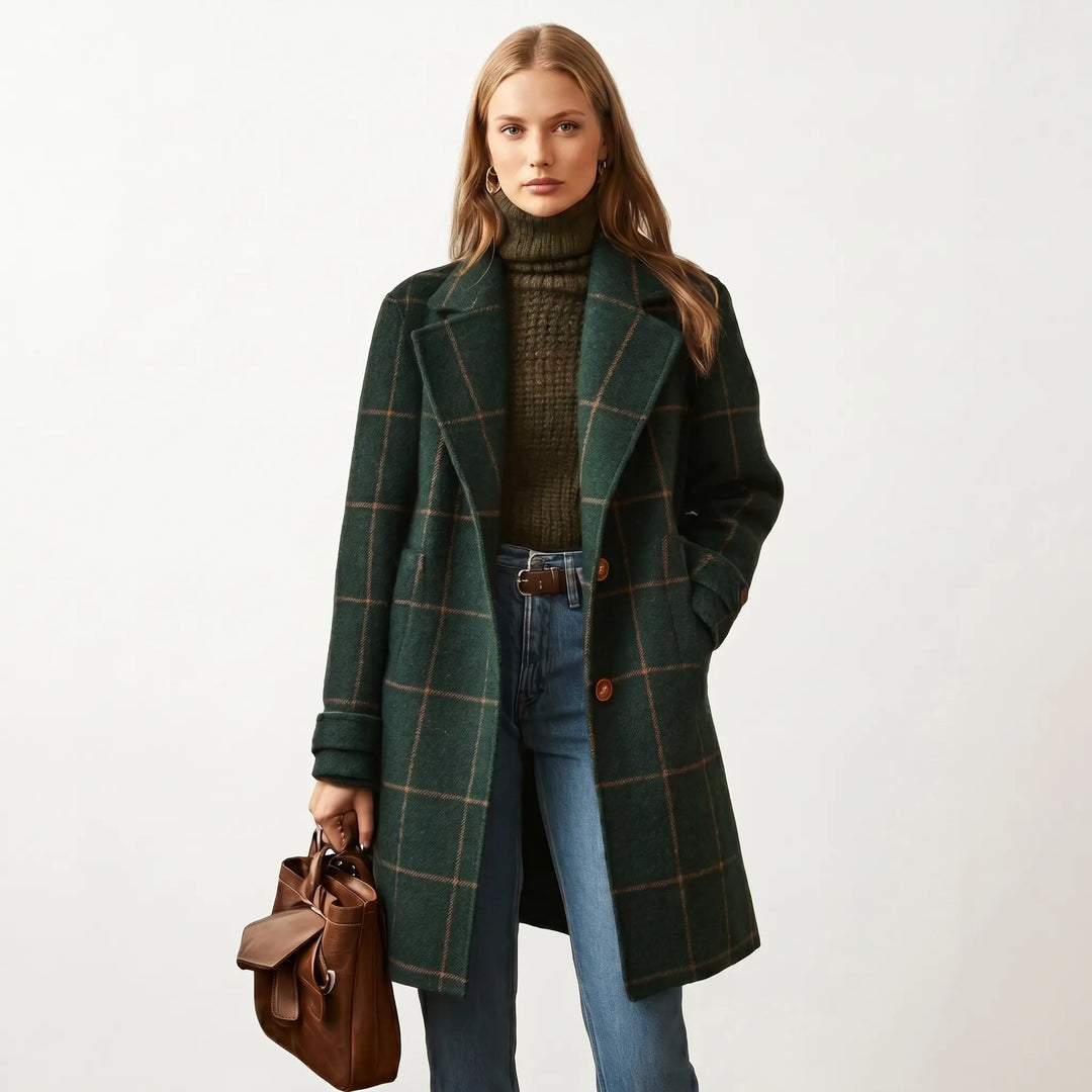 Women's dark green plaid tweed coat with notched lapel, front view