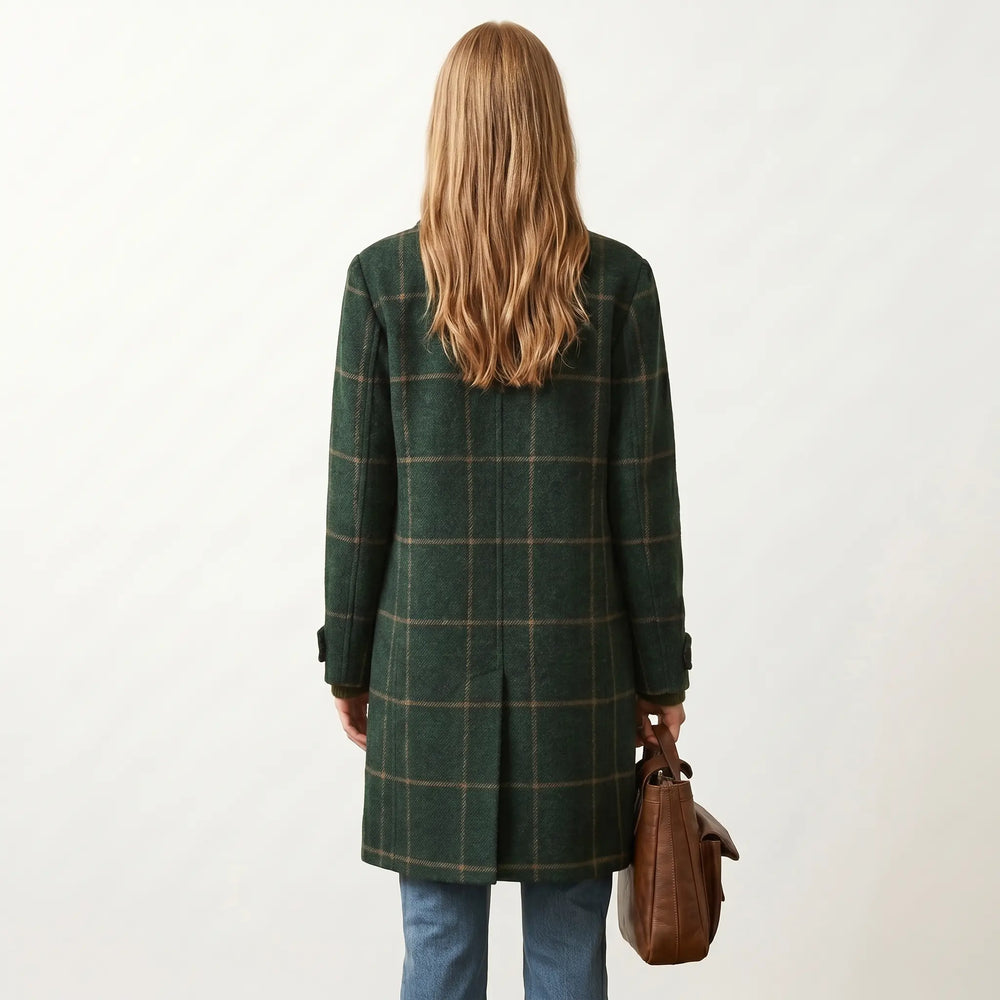 Women's dark green plaid tweed coat, front full-length view