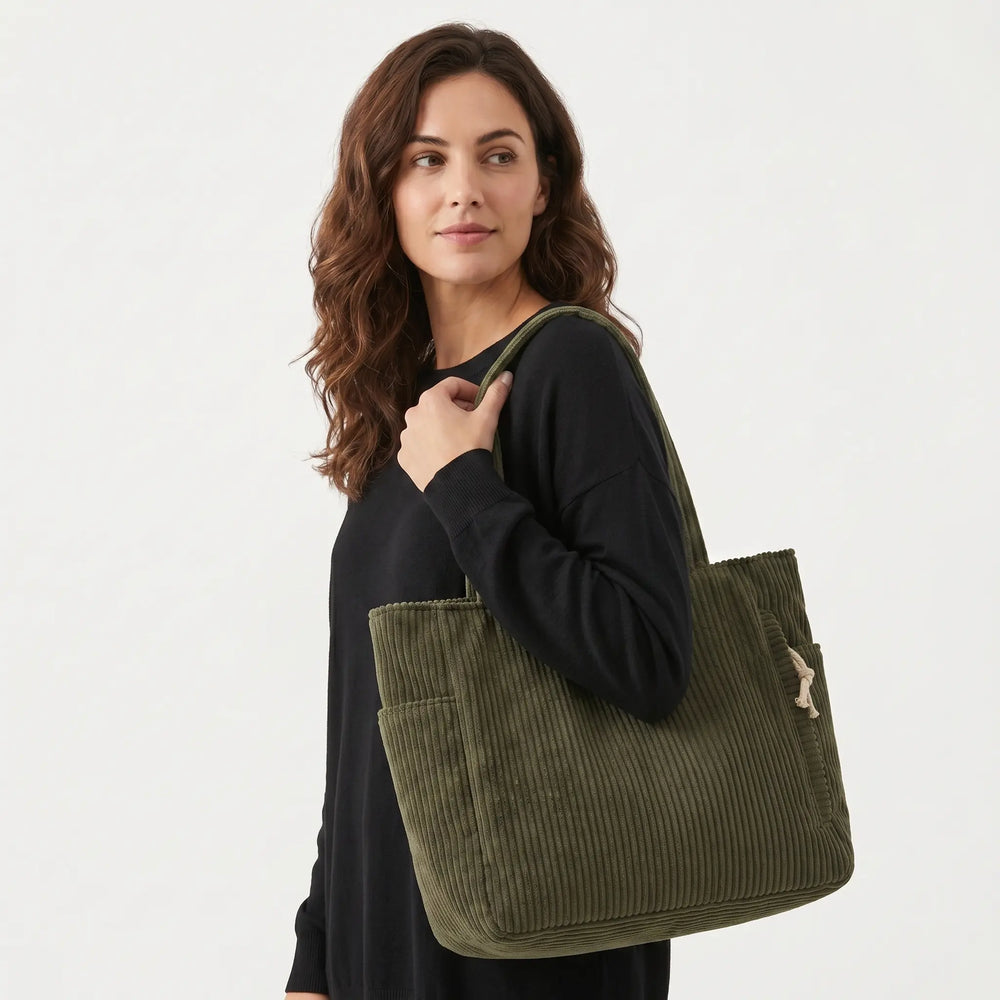 Corduroy tote bag in black with shoulder strap and outer pockets, flat lay