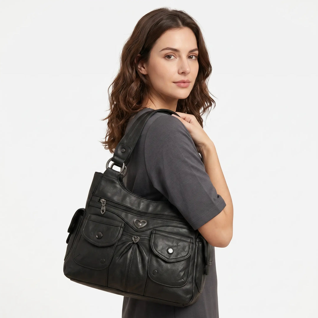 Multi-pocket PU leather shoulder bag with side pockets, flat lay