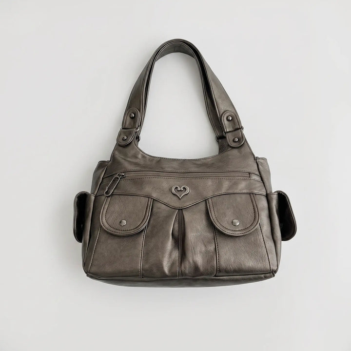 Soft shoulder bag PU leather multi-pocket flat lay, champagne