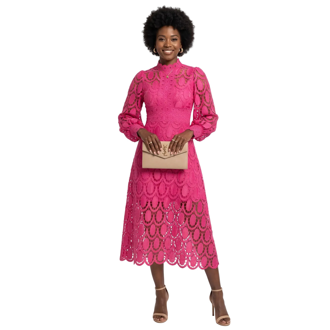 Long-sleeve pink lace midi dress, high neck, scalloped hem, clutch accessory, front view