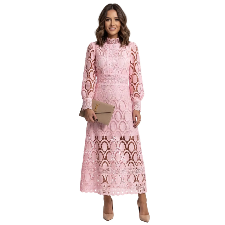 Long-sleeve lace maxi dress in rose red, slim fit, high neck, front view