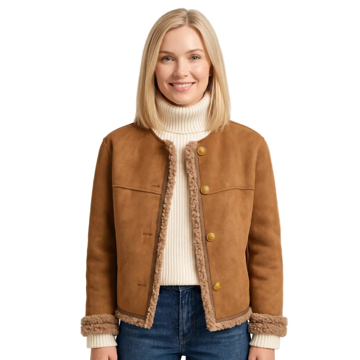 Women's long structured brown lapel jacket with plush lining, front view