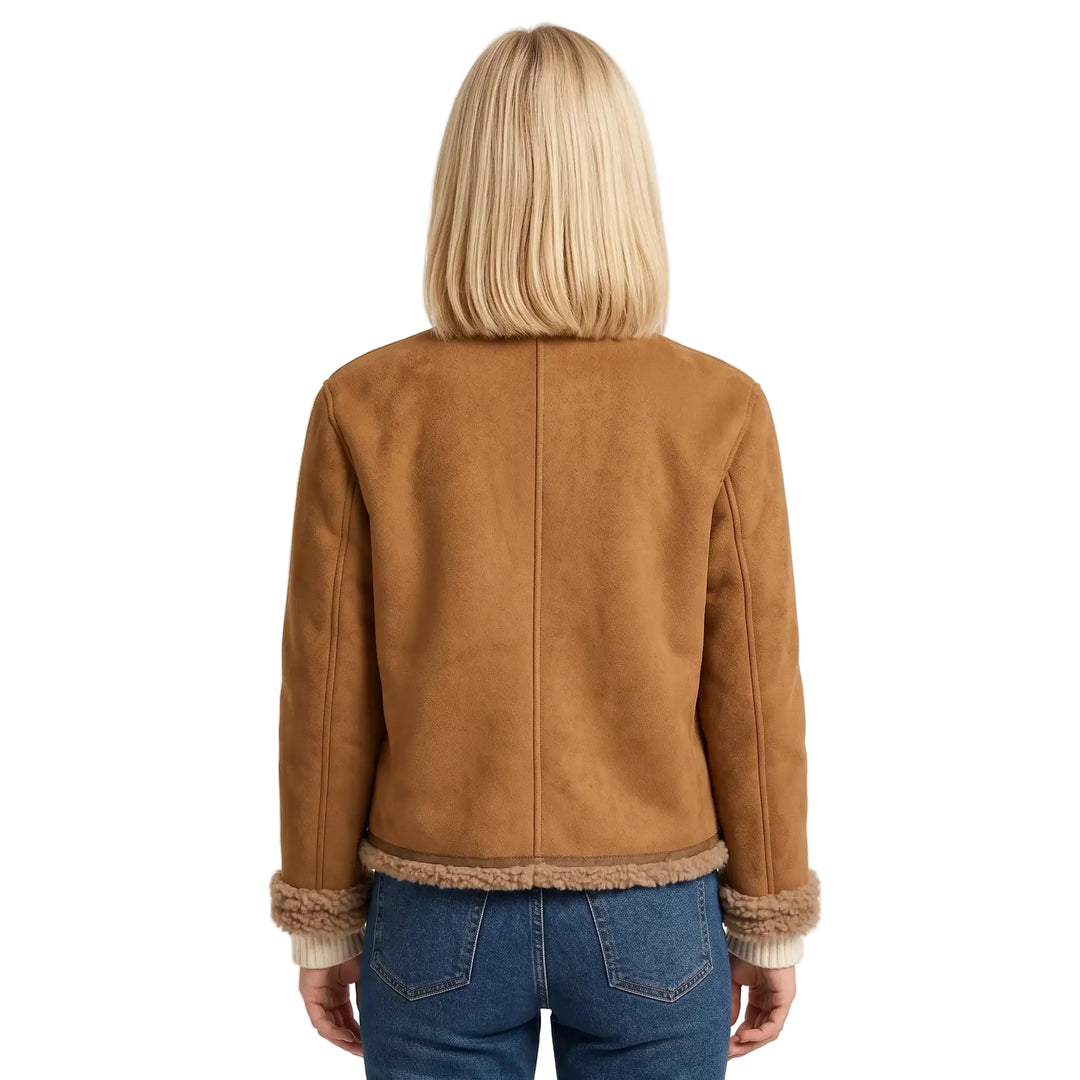 Women's structured brown lapel jacket, back view, paired with blue jeans