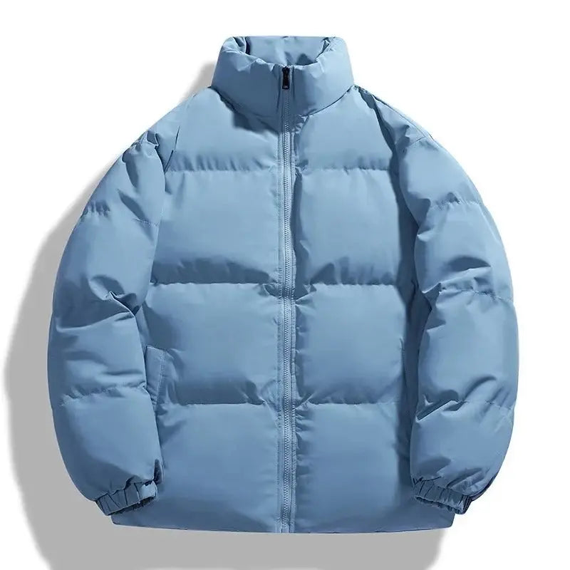 Men's quilted puffer jacket in light blue, stand collar and zip, flat lay