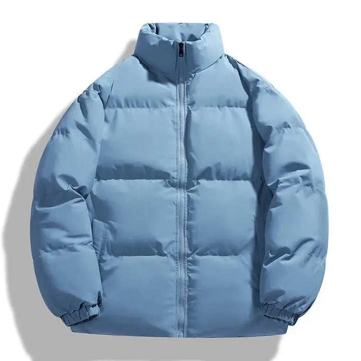 Men's quilted puffer jacket in light blue, stand collar and zip, flat lay