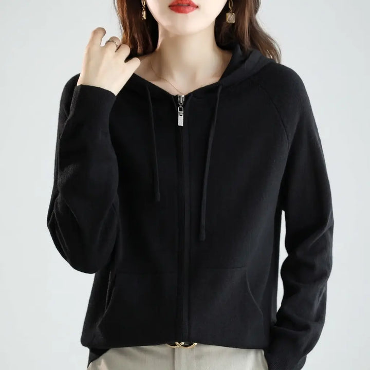 Black women's knit zip-up hoodie with raglan sleeves and kangaroo pocket, front view