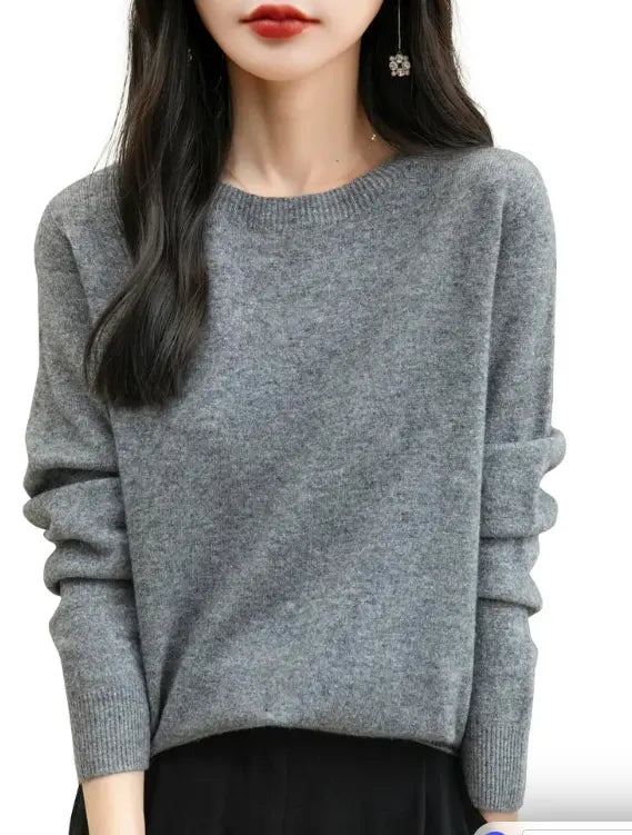 Women's merino wool crewneck sweater in grey, relaxed fit front view