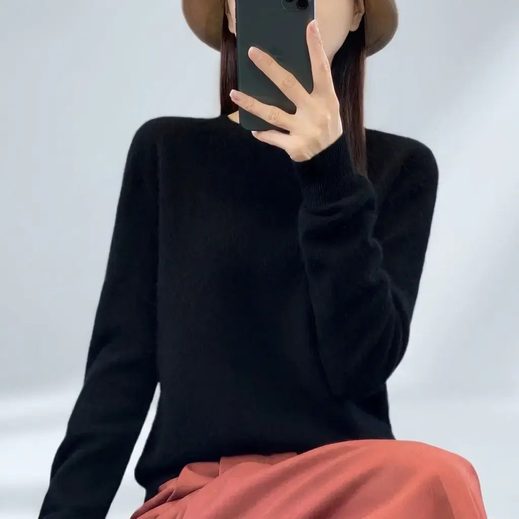 Cashmere crewneck sweater for women — front view of relaxed cashmere pullover