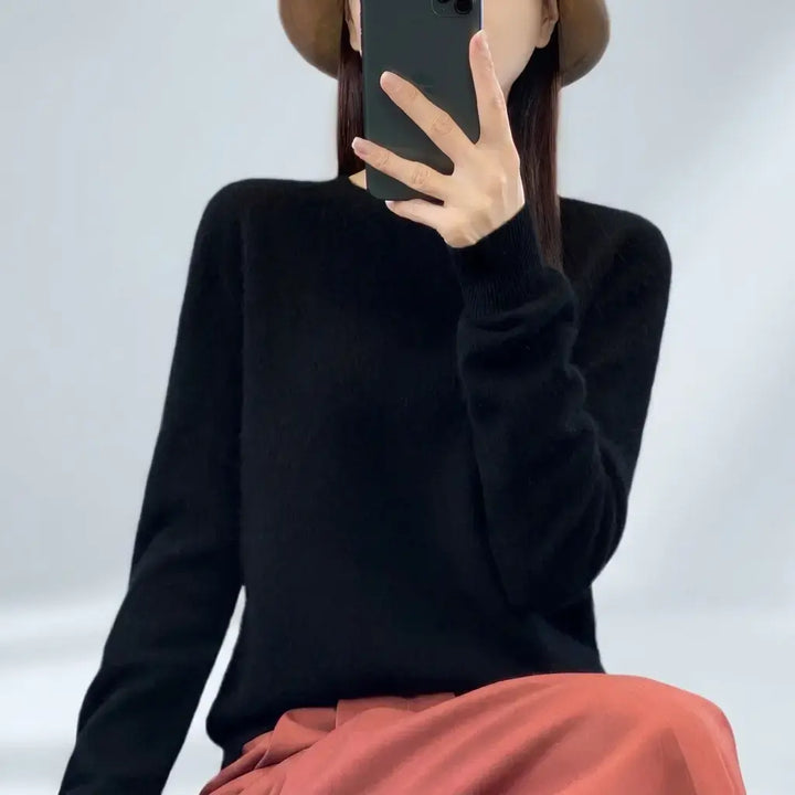Cashmere crewneck sweater for women — front view of relaxed cashmere pullover
