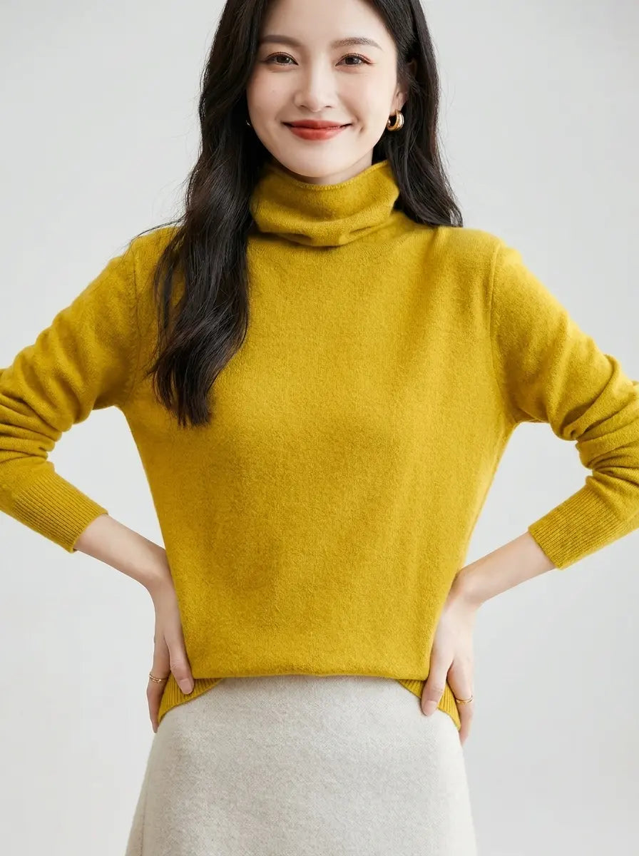 Mustard yellow turtleneck knit sweater with long sleeves, front view