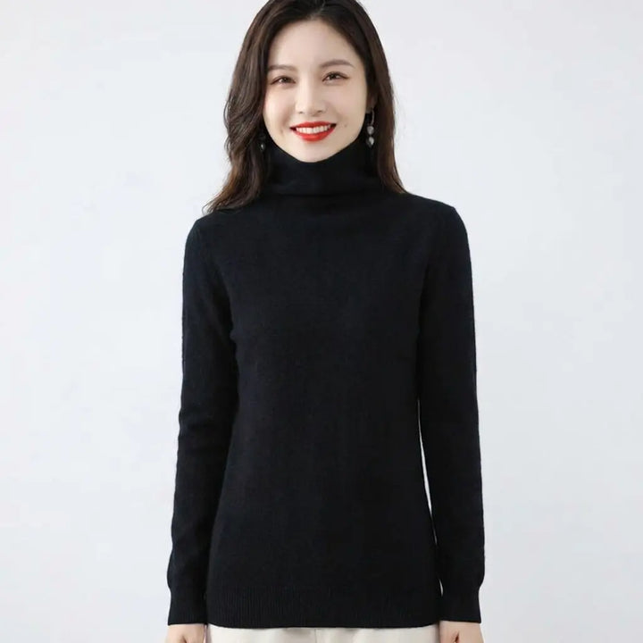 Black turtleneck knit sweater with long sleeves, front view