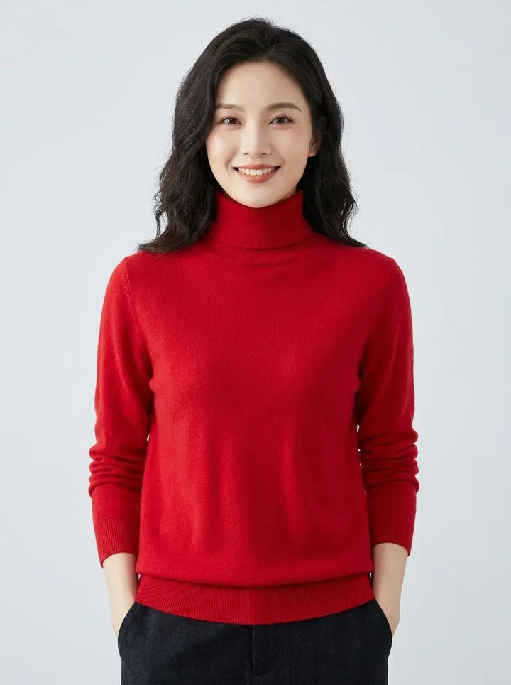 Red turtleneck knit sweater with long sleeves, front view