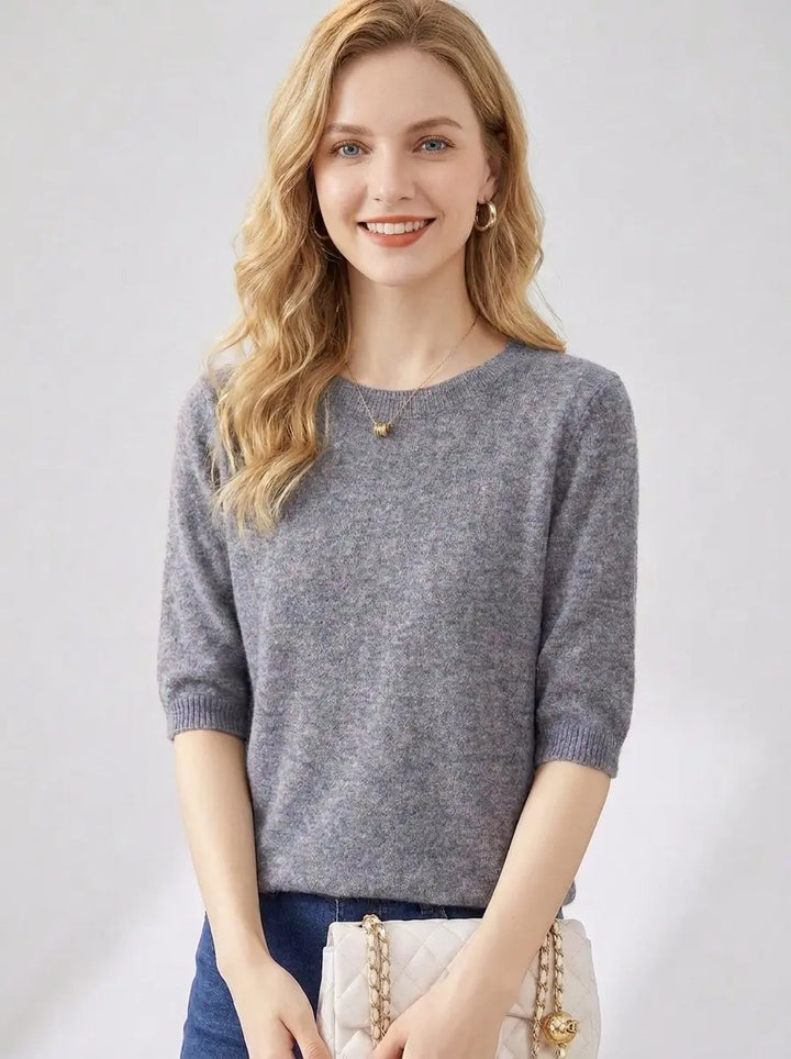 Women's short sleeve knit sweater top in grey, crewneck, front view