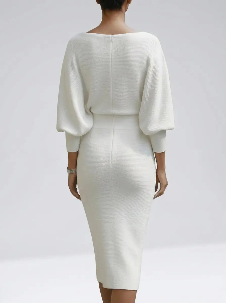 Cowl neck bodycon midi dress in navy with bat sleeves, front view