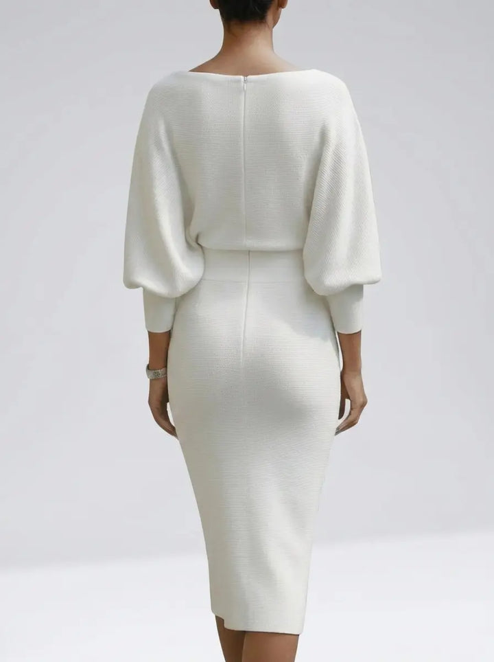 Cowl neck bodycon midi dress in navy with bat sleeves, front view
