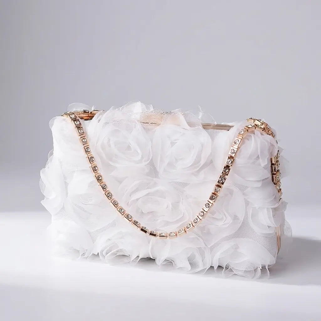 Champagne floral rose applique evening clutch with rhinestone chain strap, side view