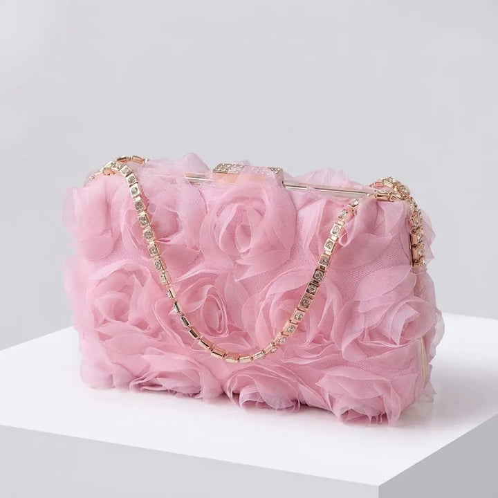 Champagne floral rose applique evening clutch with rhinestone chain strap, front view