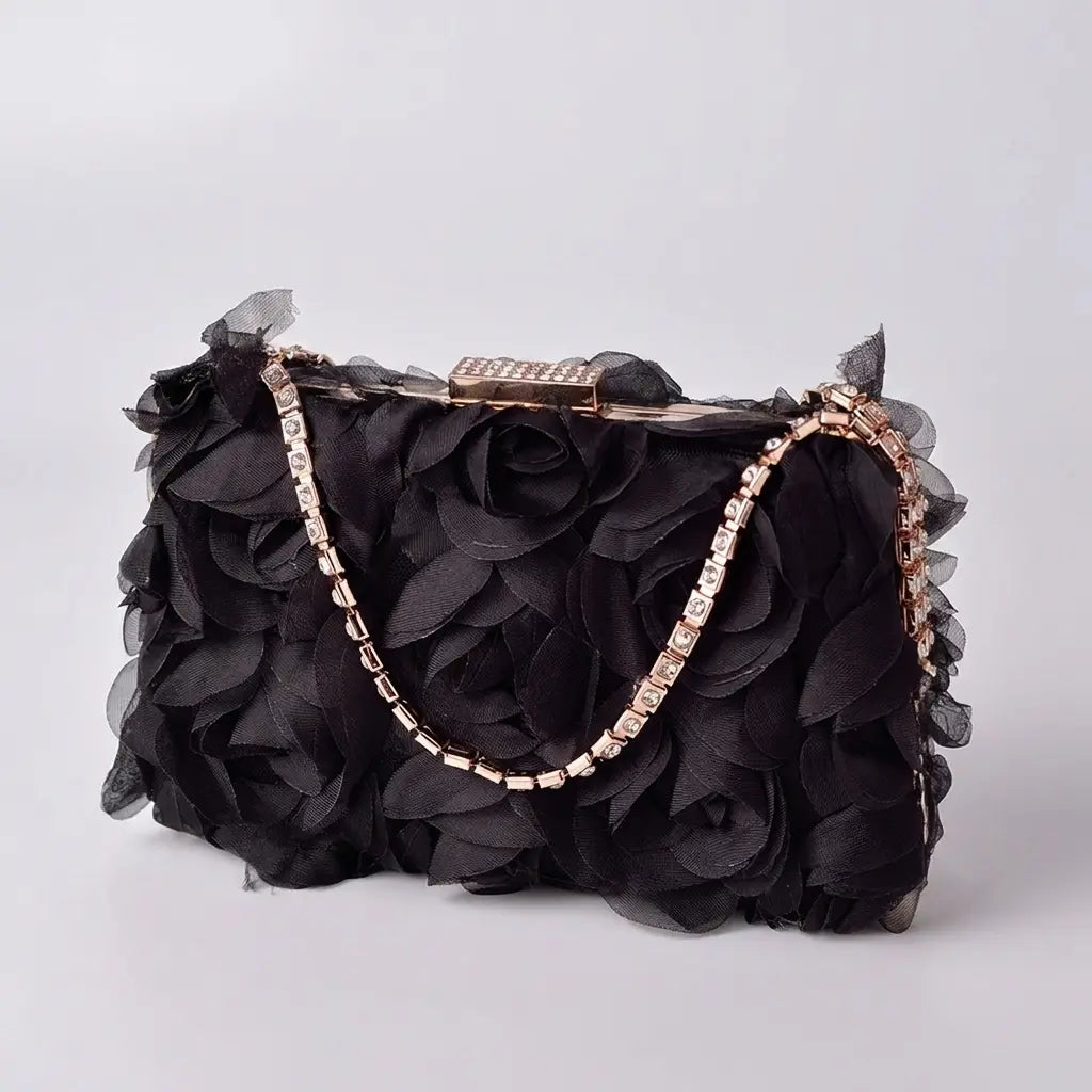 Champagne floral rose clutch open showing interior phone pocket