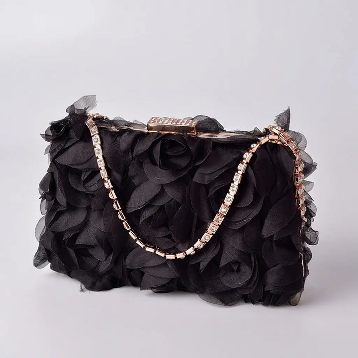 Champagne floral rose clutch open showing interior phone pocket