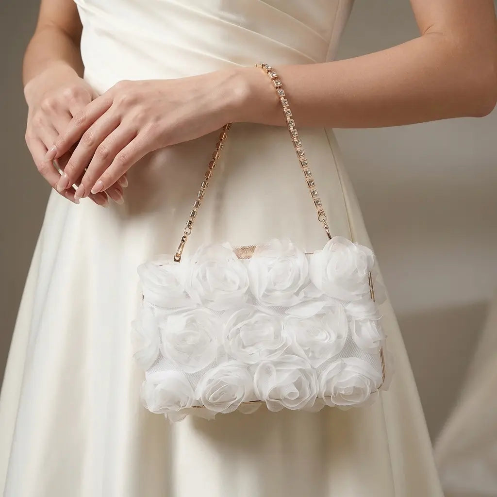 Floral rose evening clutch rhinestone handle detail close-up