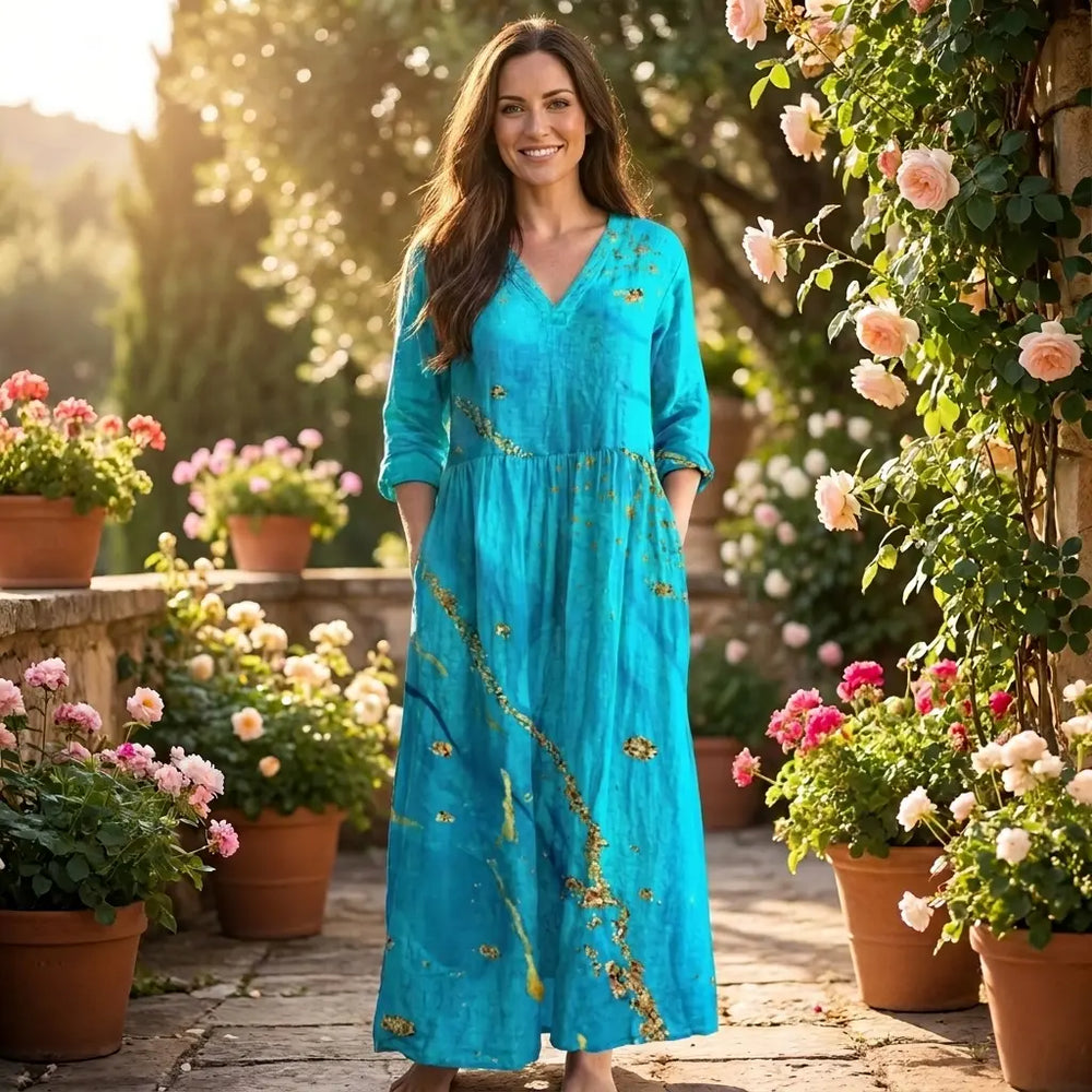 Women's turquoise maxi dress with gold detail, V-neck, 3/4 sleeves, pockets, front view