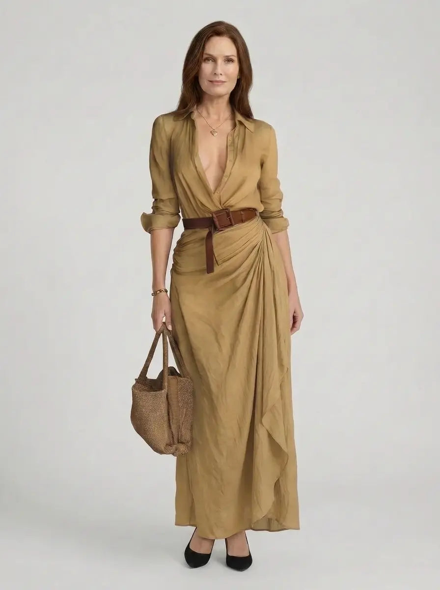 Women's maxi shirt dress in khaki with deep V-neck, wrap drape and waist belt, front view