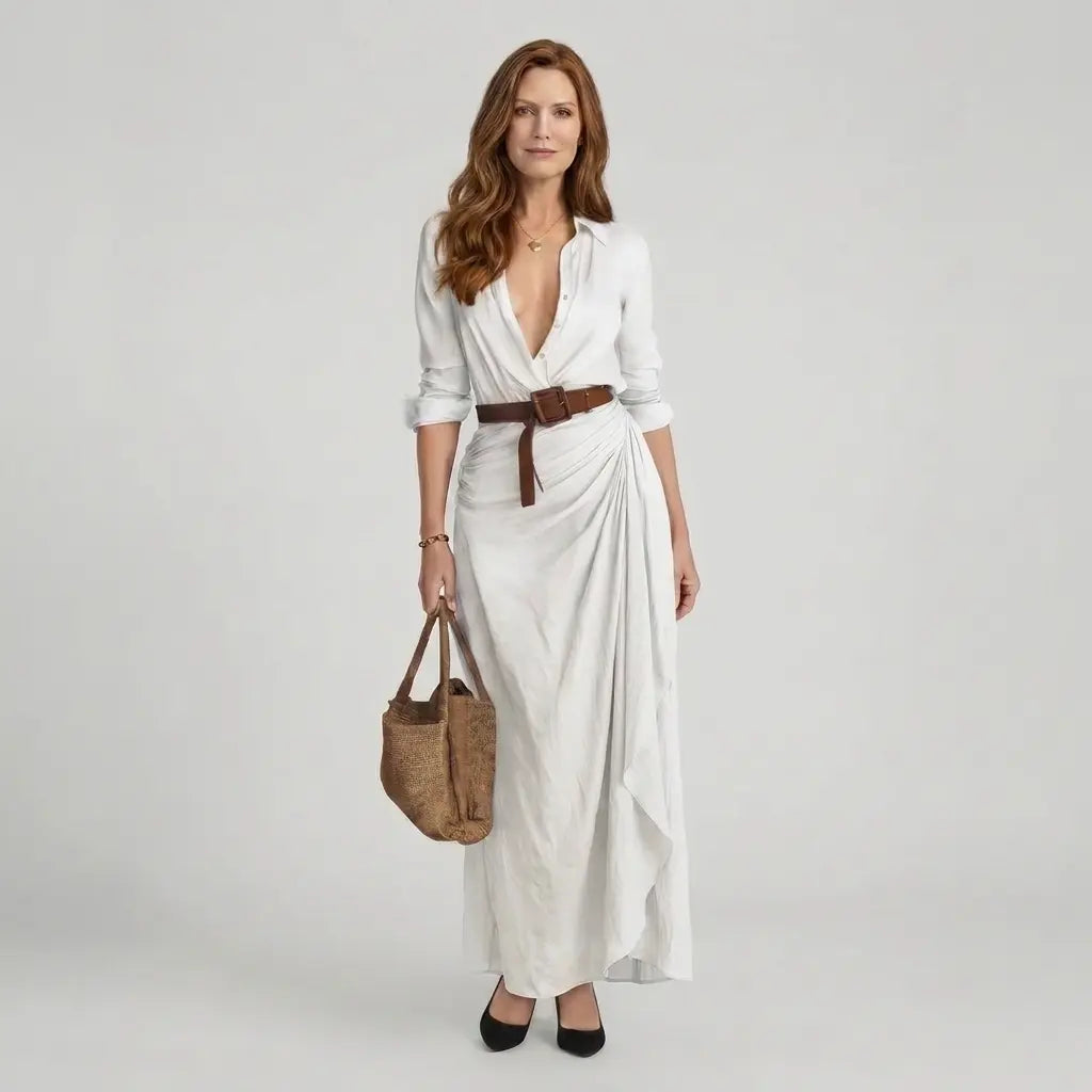 Women's maxi shirt dress in white with deep V-neck, wrap drape and waist belt, front view