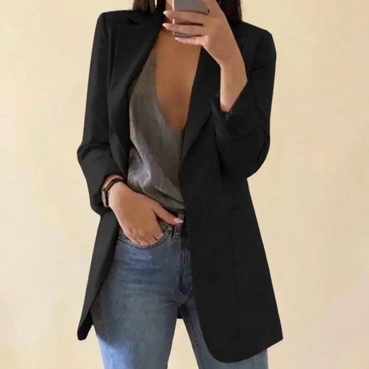 Women's long open-front blazer in black, notch lapel, front view