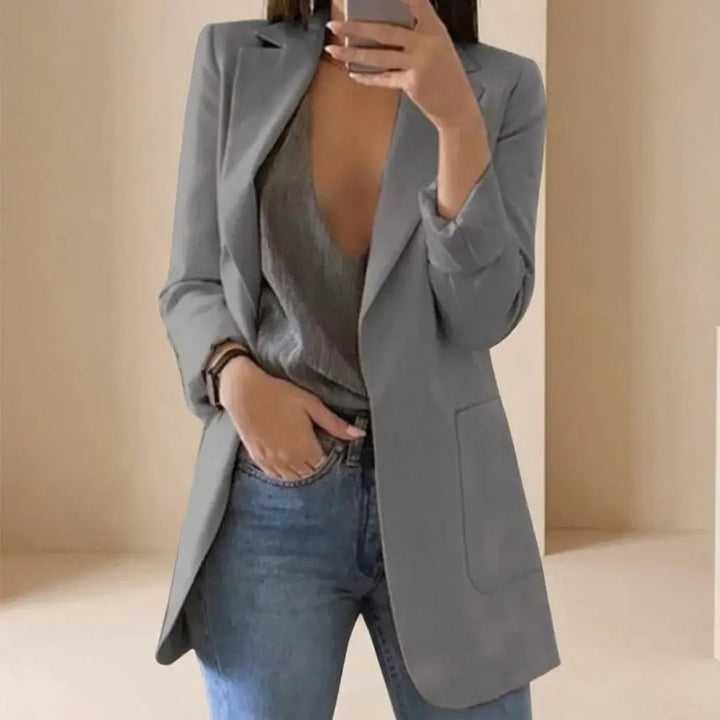 Women's long open-front blazer in gray, notch lapel, front view