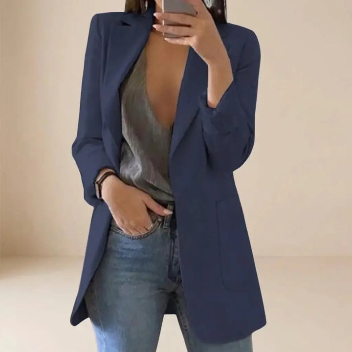 Women's long open-front blazer in navy blue, notch lapel, front view