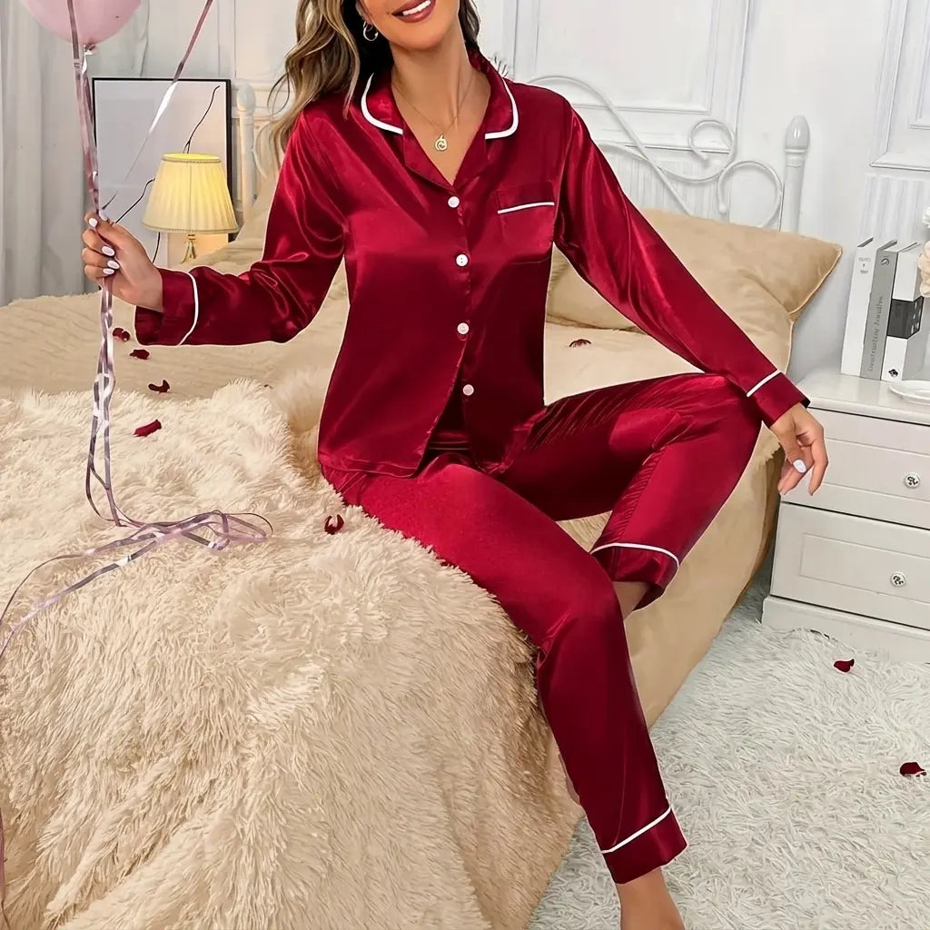 Women's long sleeve pajama set with button placket top, front view, red