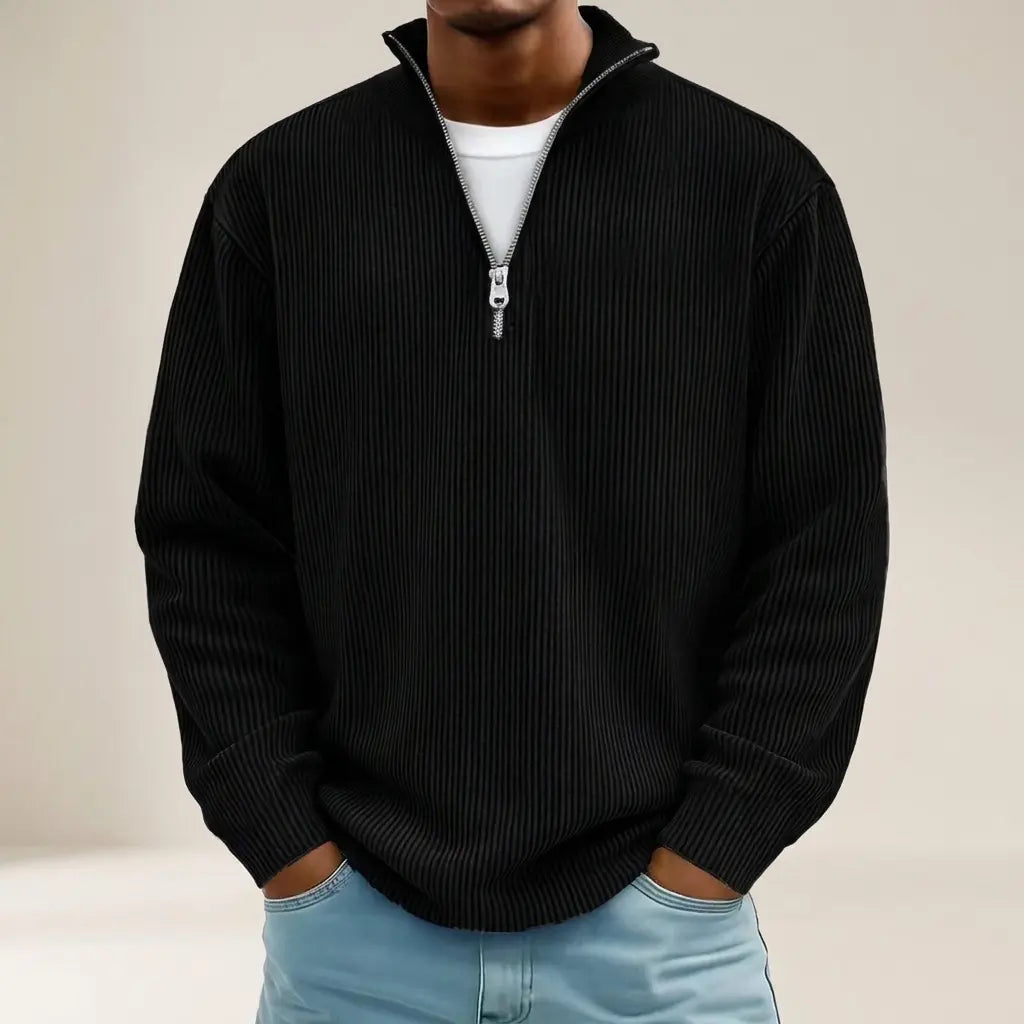 Men's black ribbed half-zip sweater, relaxed fit, front view