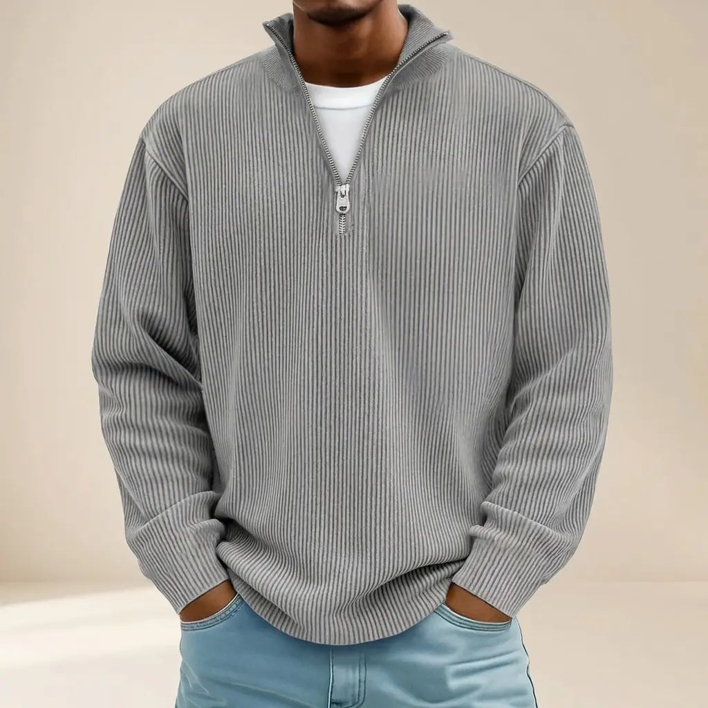 Men's gray ribbed half-zip sweater, relaxed fit, front view